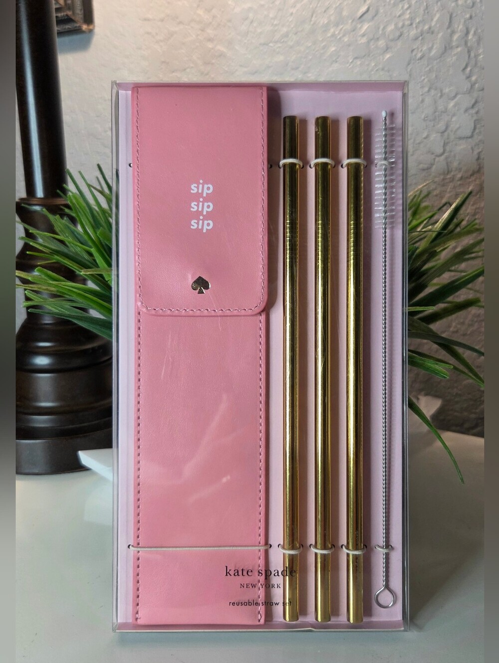 Kate Spade Pink "sip sip sip" Reusable Straw Set